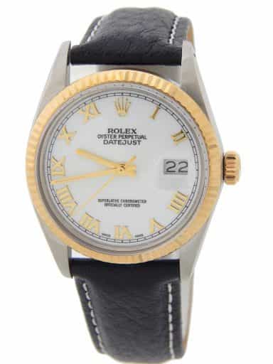 Mens Rolex Two-Tone 18K/SS Datejust Watch with White Roman Dial 16013 (SKU R673566AMT)