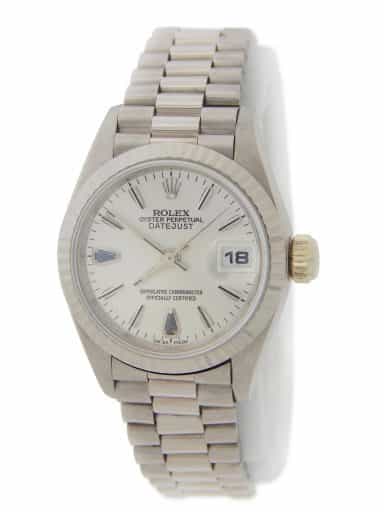 Ladies Rolex 18K White Gold Datejust President Watch 69179 Silver Blue Sapphire Dial (SKU T140106AMT)