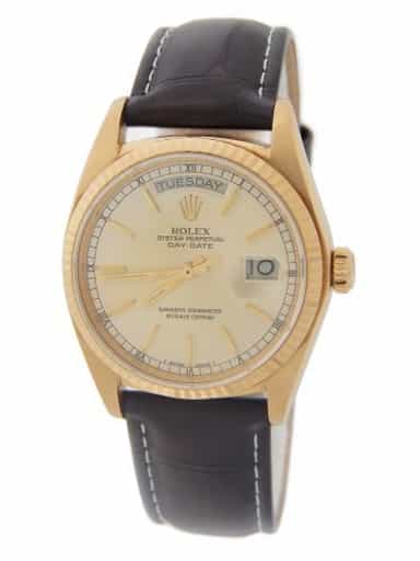 Mens Rolex 18K Gold Day-Date Watch with Silver Dial 18038 (SKU 5972184BRWNAMT)