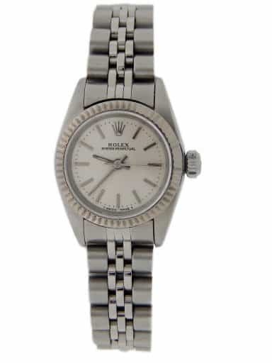 Ladies Rolex Stainless Steel Oyster Perpetual Silver Stick Dial (SKU U449123JAMT)