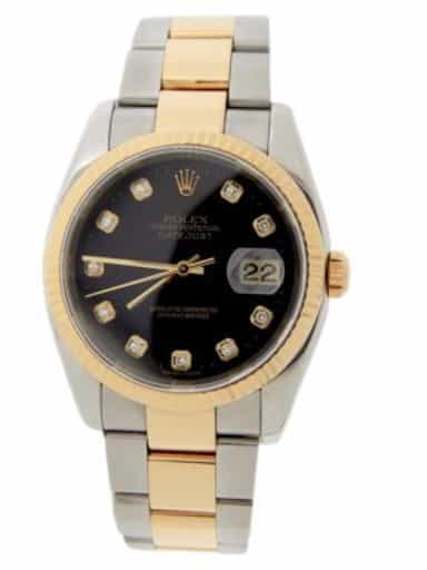 Mens Rolex 2tone 18k Yellow Gold & Steel Datejust Watch Ref. 116233 with Black Diamond Dial (SKU F524313AMT)