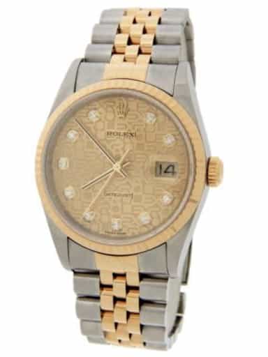 Mens Rolex Two-Tone 16233 Datejust Watch with Factory Gold Anniversary Diamond Dial (SKU K377434AMT)