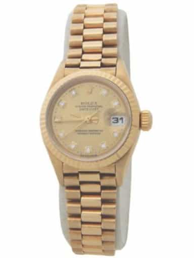 Ladies Rolex 18K Yellow Gold Datejust 69178 President Champagne Diamond (SKU U786990AMT)