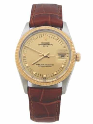 Mens Rolex Two-Tone 18K/SS Date Champagne Dial Brown Leather 15053 (SKU 8394916AMT)