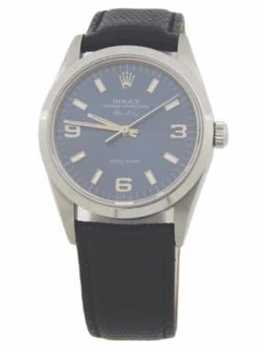 Mens Rolex Stainless Steel Air-King 14000 Watch Blue Arabic Dial Black Leather (SKU U27E314AMT)