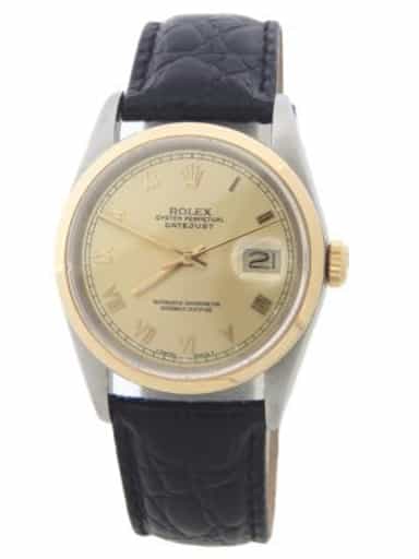 Mens Rolex Two-Tone 18K/SS Datejust Watch Champagne Roman Dial 16203 (SKU E512573AMT)