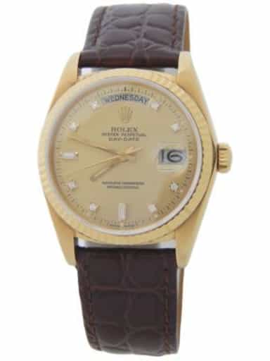 Mens Rolex 18K Gold Day-Date Watch with Champagne Diamond Dial 18038 (SKU 8085603AMT)