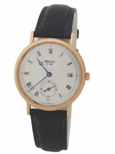 Mens 18k Yellow Gold Breguet Classique Silver Guilloche Dial Black Leather Strap (SKU 59203898AKAMT)