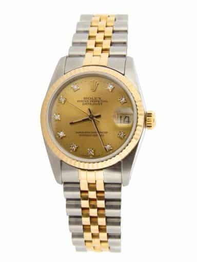 Ladies Mid Size Rolex Two-Tone Datejust Watch Champagne Diamond 68273 (SKU R959651AMT)