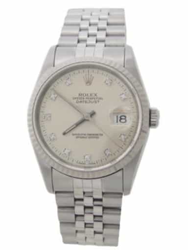 Mens Rolex Stainless Steel 16234 Datejust Watch Silver Diamond Dial (SKU X573745AMT)