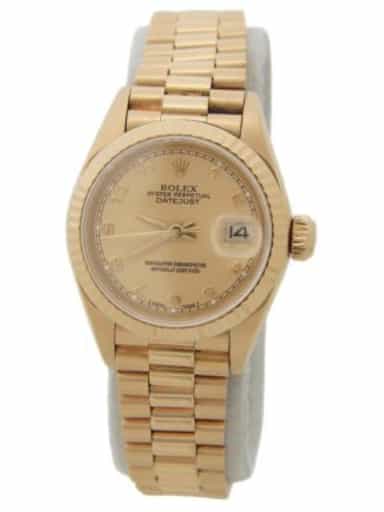 Ladies Rolex 18K Yellow Gold Datejust Watch with Gold Champagne Arabic Dial 69178 (SKU 9176032AAMT)