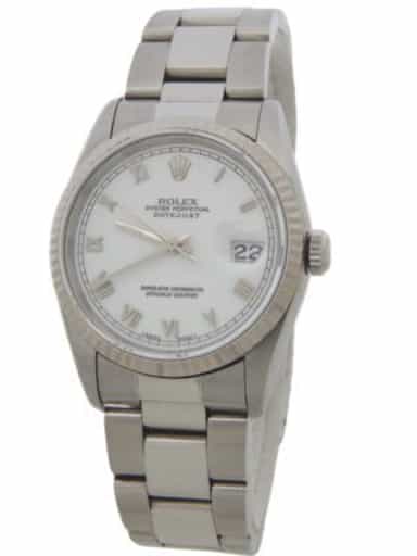 Mens Rolex Stainless Steel Datejust White Roman Dial 16234 (SKU W103075AMT)