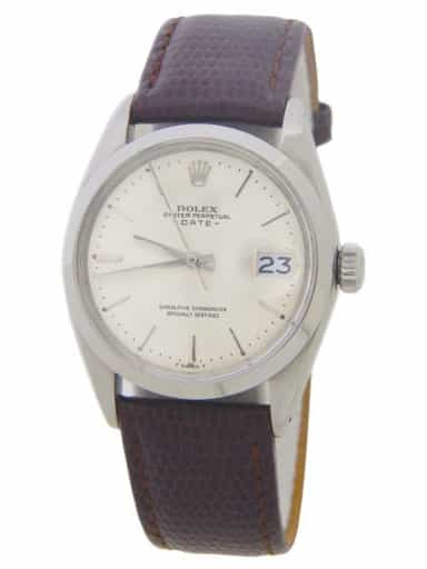 Mens Rolex Stainless Steel Date Watch with Silver Dial Brown Leather Band 1500 (SKU 1231450AMT)