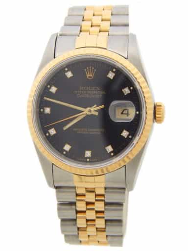 Mens Rolex Two-Tone Datejust Watch Ref. 16233 with Black Factory Diamond Dial (SKU X467248BAMT)