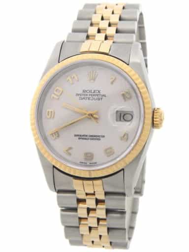 Mens Rolex Two-Tone Yellow Gold/ Stainless Steel Datejust White Arabic 16233 (SKU X457590AJAMT)