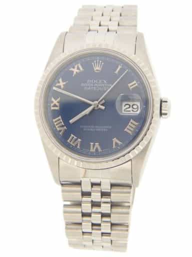 Mens Rolex Stainless Steel Datejust Watch Blue Roman Dial 16220 (SKU 16220FPAMT)