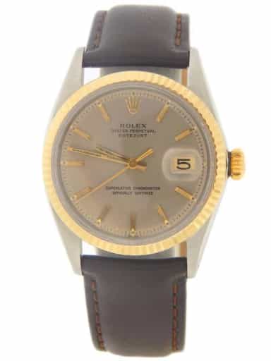 Mens Rolex Two-Tone Datejust 1601 Slate Gray Dial Watch with Brown Leather Strap (SKU 2158018BRAMT)