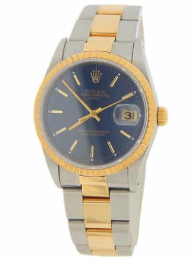 Pre Owned Mens Rolex Two-Tone Date Watch with a Blue Dial 15223 (SKU Mens Rolex 2-Tone Yellow Gold Stainless Steel 15233 Date Watch with Blue Dial (SKU L384141AMT)