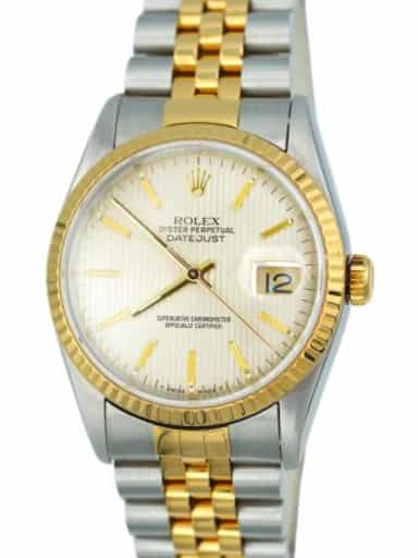 Mens Rolex Two-Tone 18K/SS Datejust Watch Silver Tapestry Dial 16233 (SKU S525252AMT)