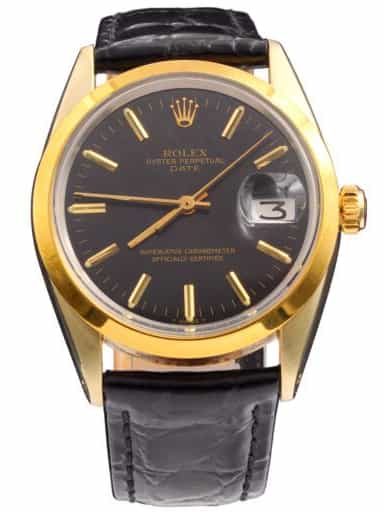 Vintage Mens Rolex 14K Gold Shell Date Watch Ref. 1550 with Black Dial (SKU 6392529AMT)
