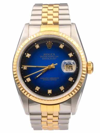 Mens Rolex Two-Tone Datejust Watch Blue Vignette Diamond Dial 16233 (SKU E664808BVAMT)