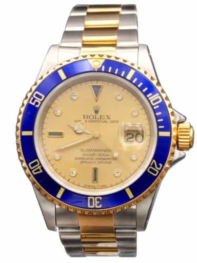 Mens Rolex Two-Tone Submariner 16613 with Gold Diamond & Blue Sapphire Serti Dial (SKU 16613DDFPAMT)