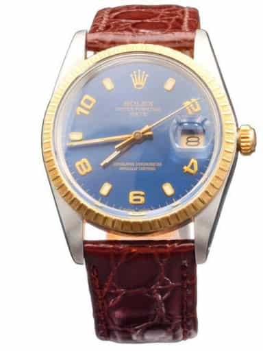 Mens Rolex Two-Tone 18K/SS Date Watch Blue Arabic Dial Brown Leather 15053 (SKU R270701BRAMT)