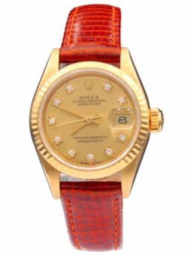 Ladies Rolex 18K Yellow Gold Datejust Watch Champagne Diamond Dial 69178 (SKU R294588AMT)