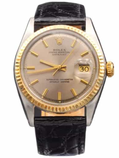 Mens Rolex Two-Tone Datejust 1601 Slate Gray Dial Watch with Black Leather Strap (SKU 2005461BLAMT)