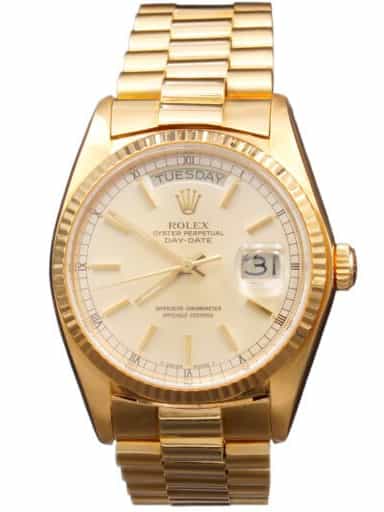 Pre-Owned Mens Rolex 18K Gold Day-Date Watch Silver Dial 18038 (SKU 5910006AMT)