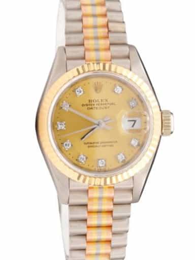 Ladies Rolex 18K Tridor Datejust President Watch Gold Champagne Diamond Dial 69179B (SKU 69179BFPAMT)