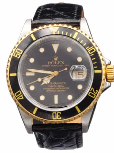 Mens Rolex Two-Tone Submariner 16613T Watch Bezel Engraved Rehaut with Black Dial & Bezel (SKU N311803LAMT)