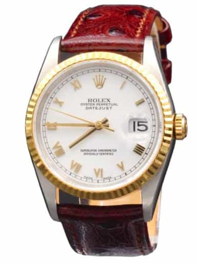 Mens Rolex Two-Tone 18K/SS Datejust Watch White Roman Dial 16233 (SKU T632476LAMT)