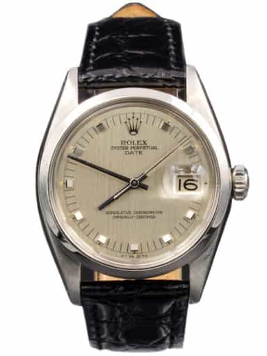 Mens Rolex Stainless Steel Date Watch with Silver Dial Black Leather Band 1500 (SKU 1227947BLAMT)