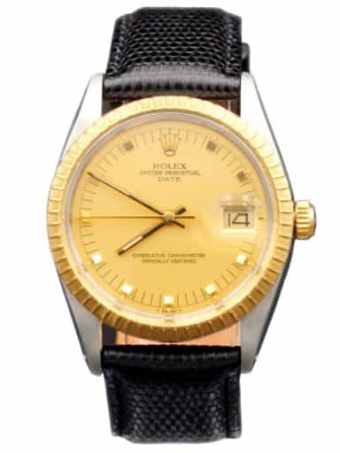 Mens Rolex Two-Tone 18K/SS Date Gold Champagne Dial Black Leather 15053 (SKU 8701735AMT)