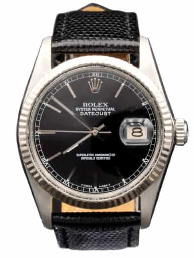 Mens Rolex Stainless Steel Datejust 16014 Watch Black Dial Black Leather (SKU R355653BLAMT)