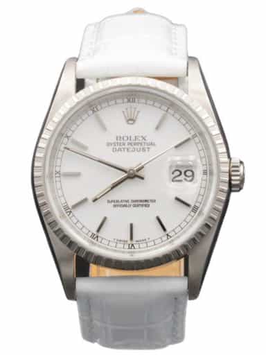 Mens Rolex Stainless Steel Datejust Watch White Dial White Band 16220 (SKU 16220FPWAMT)