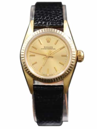 Ladies Rolex 14K Yellow Gold Oyster Perpetual 67197 Watch Champagne Dial With Papers (SKU 8900790AMT)