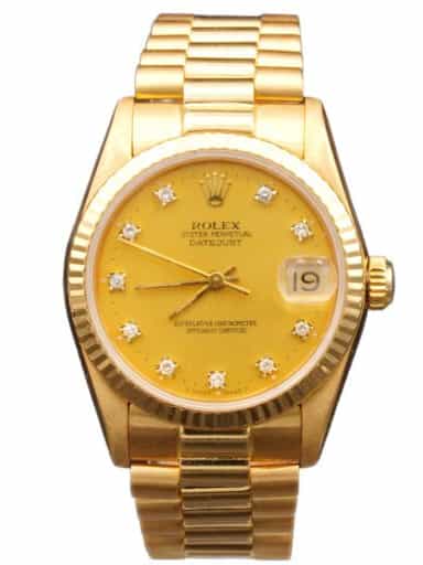 Mid Size Rolex 18K Yellow Gold Datejust Watch Champagne Diamond Dial 68278 (SKU 9039550AMT)