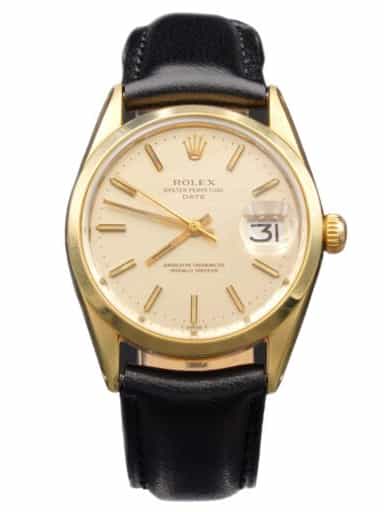 Vintage Mens Rolex 14K Gold Shell Date Watch Ref. 1550 with Gold Mosaic Dial (SKU BT3388677AMT)
