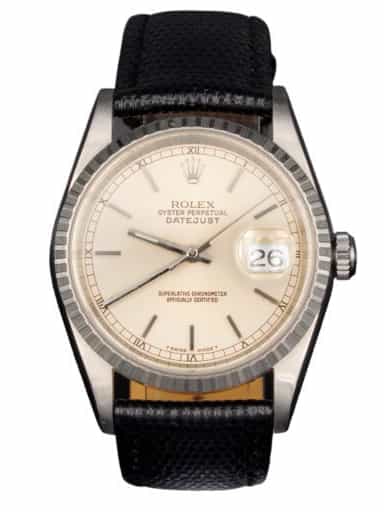 Mens Rolex Stainless Steel Datejust Watch Silver Dial Black Band 16220 (SKU P671577AMT)