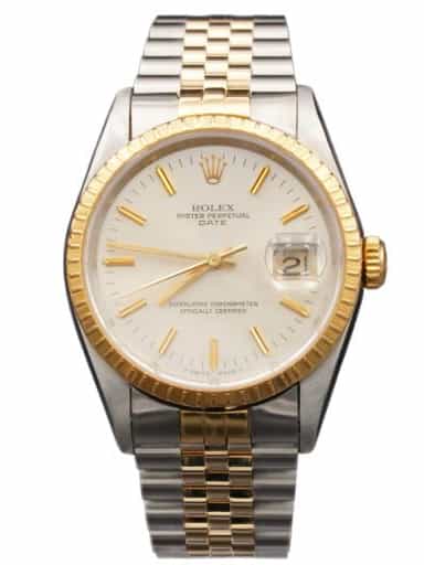 Mens Rolex Date 18K Gold Stainless Steel Watch Silver Gold Stick Dial 15223 (SKU S408410JAMT)
