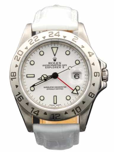 Mens Rolex Stainless Steel Explorer II White Dial White Leather Band Watch 16570 (SKU K618256WLAMT)