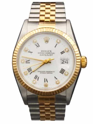 Mens Rolex Two-Tone 18K/SS Datejust White Diamond Roman Dial 16013 (SKU R268543AMT)