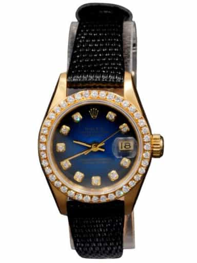 Ladies Rolex 18K Yellow Gold Datejust Watch Blue Vignette Diamond Dial 69178 (SKU E256384BLAMT)