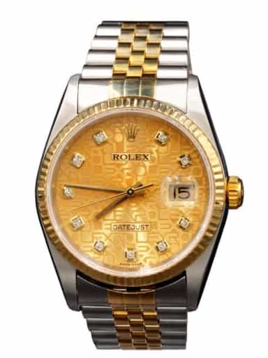 Mens Rolex Two-Tone Datejust Watch 16233 with Factory Gold Anniversary Diamond Dial (SKU Y296523AMT)