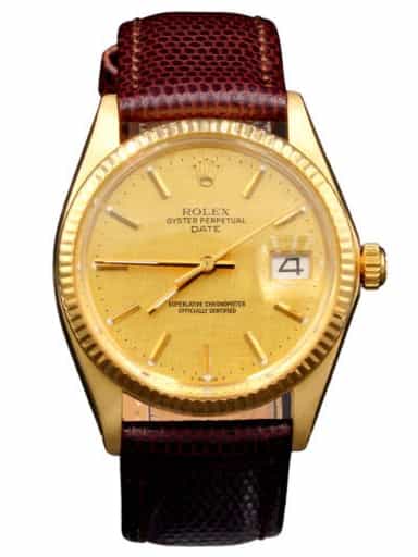 Mens Rolex 14K Yellow Gold Date Watch Gold Linen Dial 1500 (SKU 3598759BRLAMT)