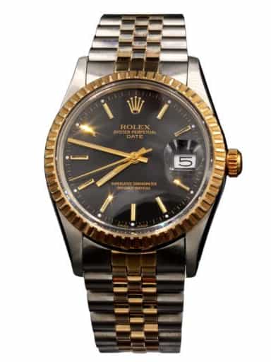 Mens Rolex Two-Tone Date Watch Black Stick Dial 15053 (SKU 7197535BLAMT)