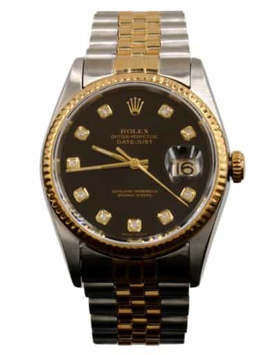 Mens Rolex Two-Tone Datejust Watch Ref. 16233 with Black Factory Diamond Dial (SKU P720219DAMT)