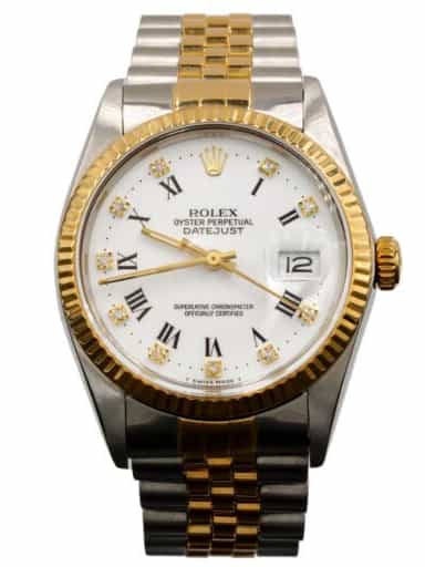 Mens Rolex Two-Tone 18K/SS Datejust Watch White Diamond Roman Dial 16013 (SKU R511519DAMT)